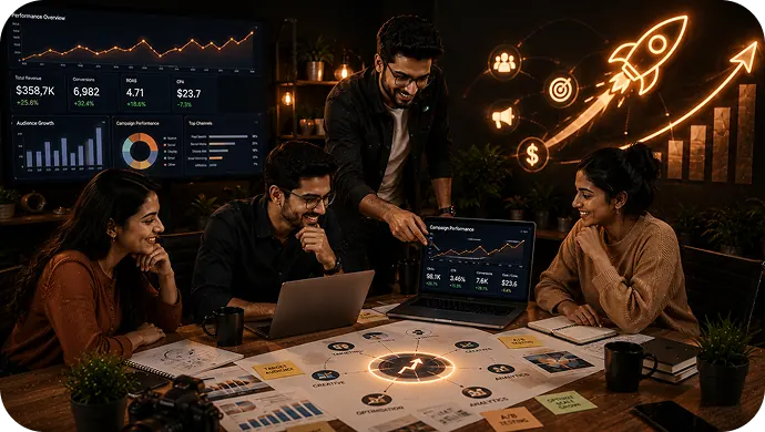 Performance marketing team reviewing campaign metrics